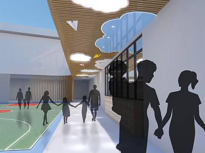 Elevator Corridor Interior With Wooden Ceiling Cloud Shaped Decor Large Windows And Bright Lighting 3d model