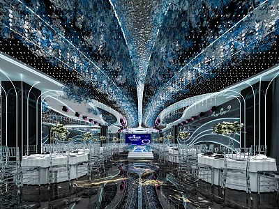 Luxury Banquet Hall Interior With Gorgeous Blue Silver Ceiling Decor Dining Tables And Lighting Effects 3d model