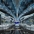 Luxury Banquet Hall Interior With Gorgeous Blue Silver Ceiling Decor Dining Tables And Lighting Effects