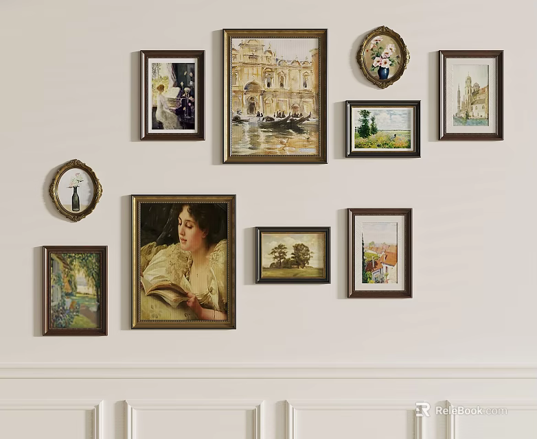 Wall Art Collection Featuring Multiple Framed Paintings On White Wall 3d model