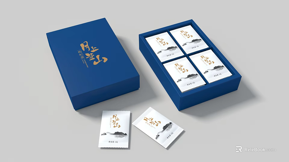 Elegant Ornament Decor Set With Blue Gift Box Open Package And Golden Text Design 3d model 
