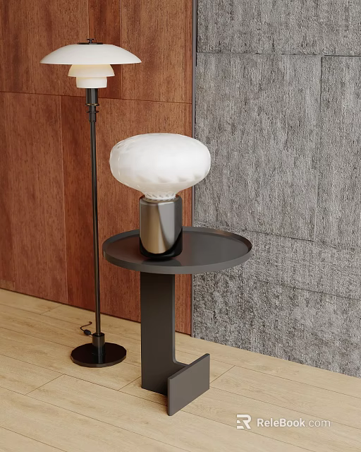 Modern Table Lamp On Black Tray Table With Wooden Wall And Gray Carpet 3d model 