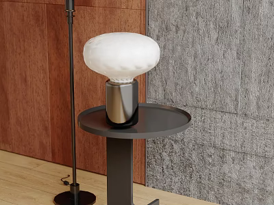 Modern Table Lamp On Black Tray Table With Wooden Wall And Gray Carpet 3d model