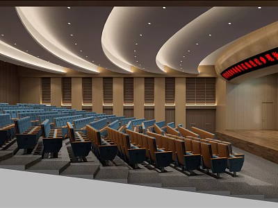 Large Conference Room With Neatly Arranged Blue Seats Curved Ceiling Stage And Electronic 3d model