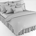 Stylish Double Bed With Damask Pattern Bedding Sheets Pillows And Ruffled Bed Skirt 3d model