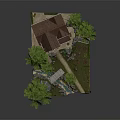 Two Story House With Red Roof Green Windows Lush Garden Trees Pathway And Small Bridge
