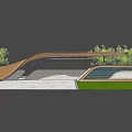 Modern Entrance Gate With Curved Wooden Structure Green Plants And White Brick Wall