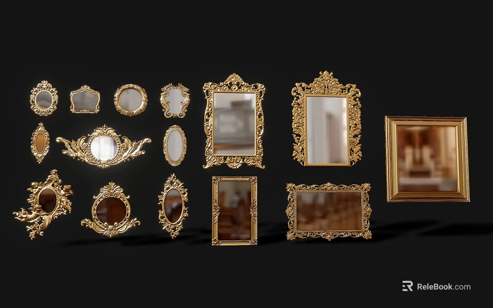 Ornate Golden Decorative Mirrors and Frames in Various Styles for Home Living 3d model 