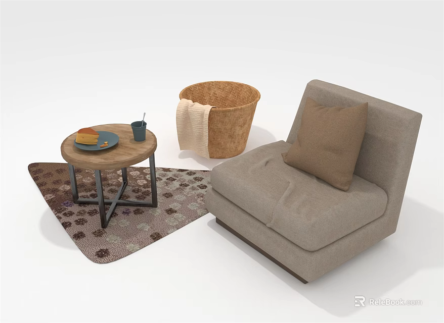 Beige Single Seater Sofa With Pillow Side Table And Basket On Rug 3d model 