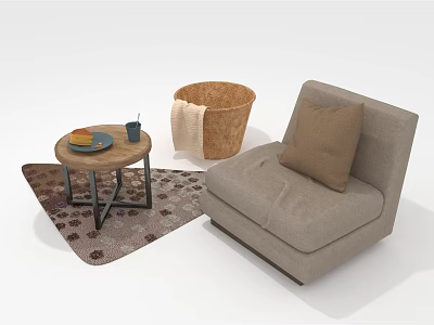 Beige Single Seater Sofa With Pillow Side Table And Basket On Rug 3d model