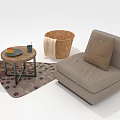 Beige Single Seater Sofa With Pillow Side Table And Basket On Rug