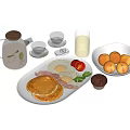 Fresh Breakfast Platter With Chocolate Pancakes Fried Eggs Bacon Peaches Green Juice And Muffin