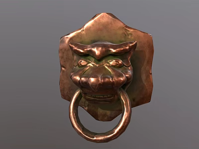 Traditional Copper Door Handle With Lion Head Design And Ring Knocker 3d model