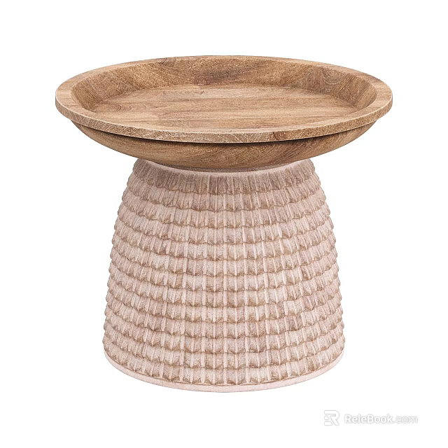 Natural Style Coffee Table With Round Wooden Tray Top And Woven Textured Base 3d model 