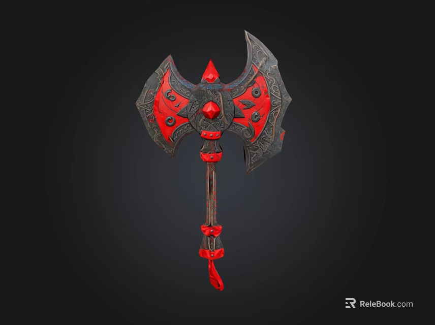 Mythical Axe With Red And Black Decorative Design And Gemstone Accents 3d model 