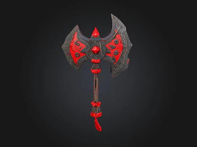 Mythical Axe With Red And Black Decorative Design And Gemstone Accents 3d model