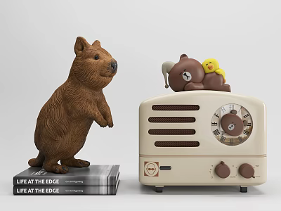 Stuffed Toys Display with Standing Animal and Small Bear on Vintage Radio 3d model