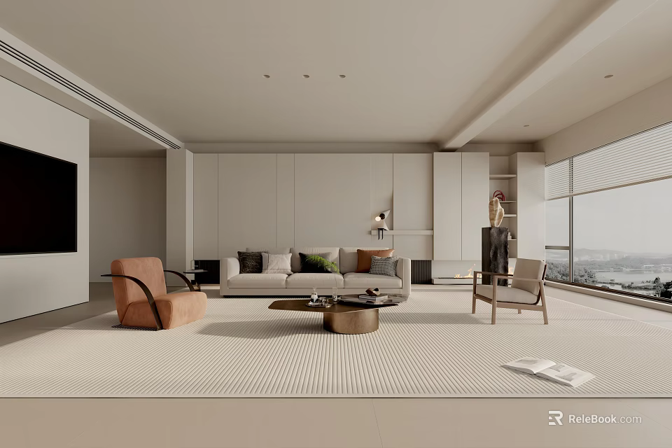 Modern Living Room Interior Design In Beige Tones With Sofa Armchairs Coffee Table And Windows 3d model 