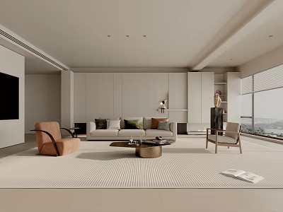Modern Living Room Interior Design In Beige Tones With Sofa Armchairs Coffee Table And Windows 3d model