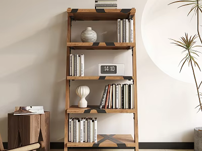 Wooden Bookshelf With Multiple Shelves Books Decorative Vases Clock Side Table And Potted Plant 3d model