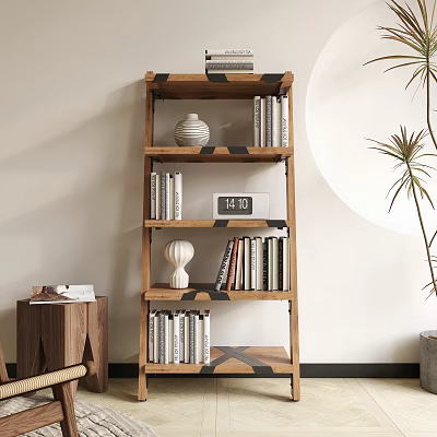 Wooden Bookshelf With Multiple Shelves Books Decorative Vases Clock Side Table And Potted Plant 3d model