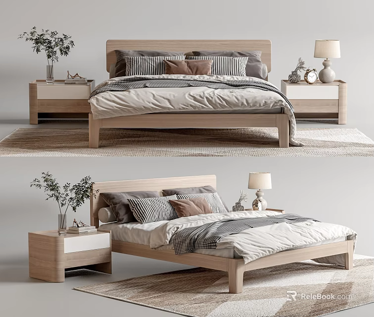 Wooden Double Bed with Matching Nightstands Table Lamps Pillows Bedspread and Potted Plants 3d model 