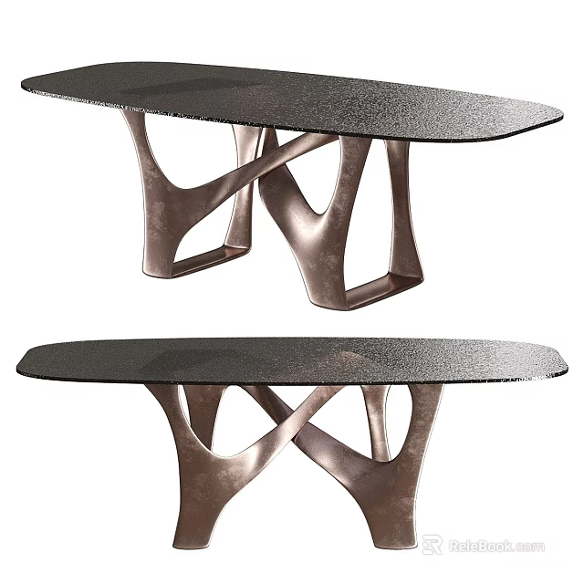Unique Modern Dining Table With Black Tabletop And Copper Crossed Metal Legs 3d model 