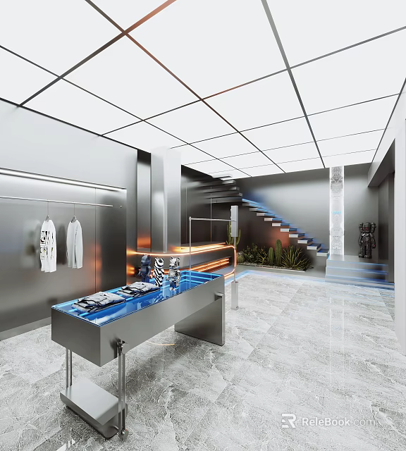 Modern Clothing Store Interior With Blue Lit Display Counter Staircase And Plants 3d model 