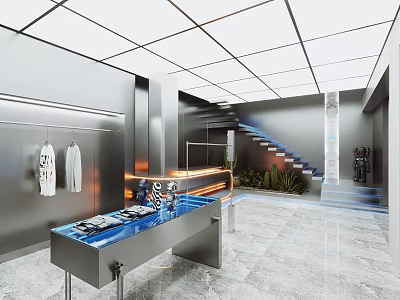Modern Clothing Store Interior With Blue Lit Display Counter Staircase And Plants 3d model