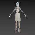 Blue haired woman in black jacket white dress purple belt black boots gray background