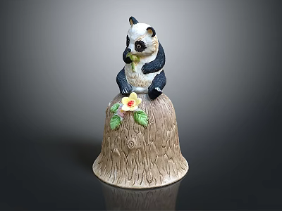 Cute Panda Figurine Sitting On Tree Stump Base With Yellow Flower And Green Leaves 3d model