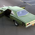 Green Classic Muscle Car With Two Door Design And Hood Vents In City Skyline