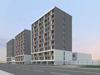 Modern Tall School Buildings With Gray And White Exterior Multiple Windows And Road Front 3d model