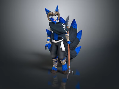 Fantasy Game Character With Blue Fox Ears Tail And Spear In Dark Outfit 3d model