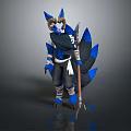 Fantasy Game Character With Blue Fox Ears Tail And Spear In Dark Outfit