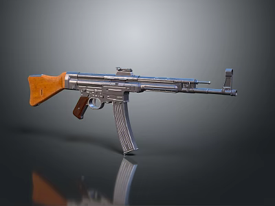 Submachine Gun With Wooden Stock Metal Barrel Magazine And Reflective Dark Background 3d model