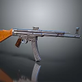 Submachine Gun With Wooden Stock Metal Barrel Magazine And Reflective Dark Background