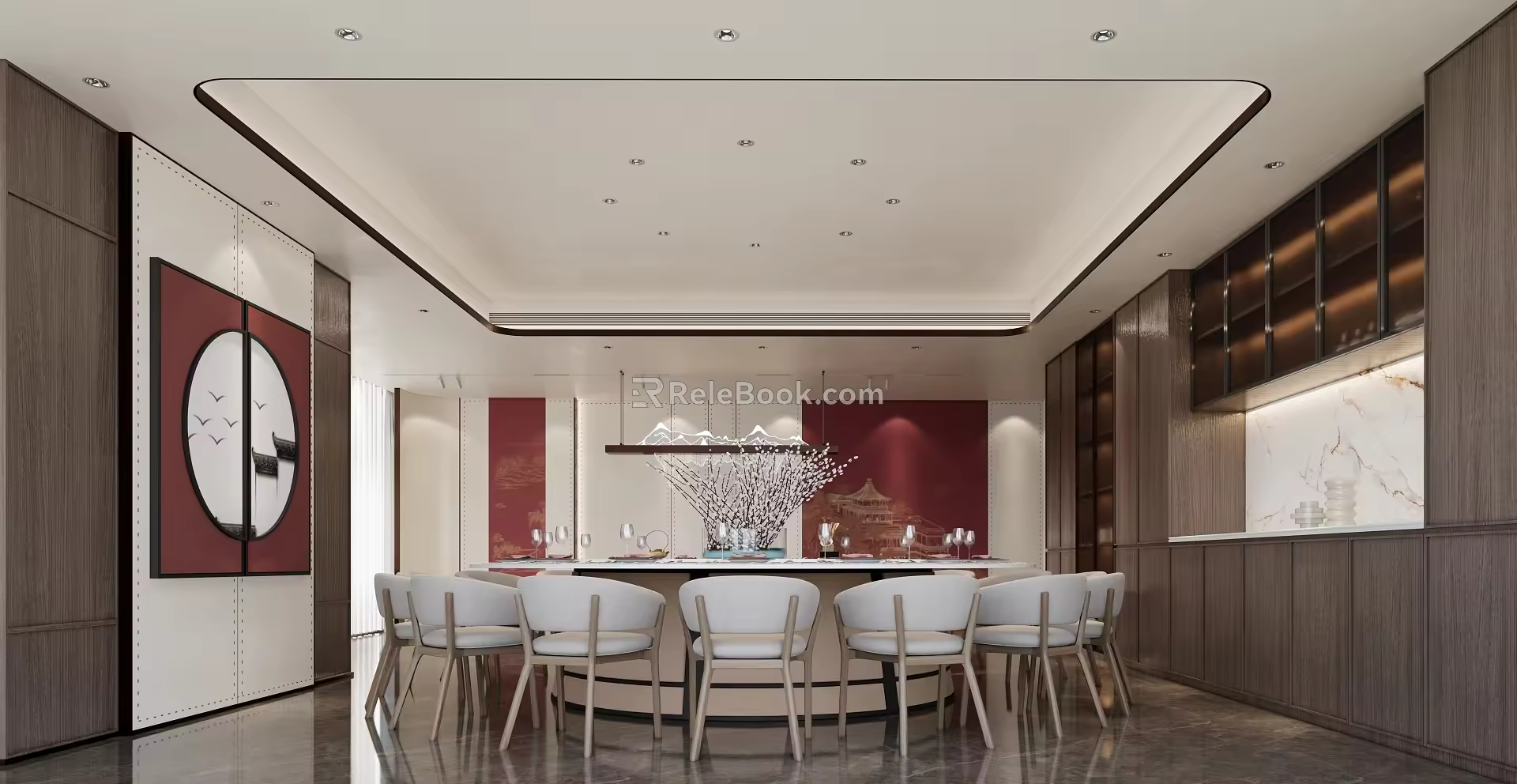 New Chinese-style private restaurant business box round dining table dining chair combination side wine cabinet 3d model