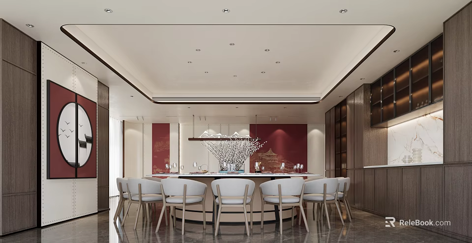Modern Elegant Private Dining Room With Round Table White Chairs And Red Accent Wall 3d model 