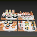 Colorful Japanese Sushi Platter With Salmon Crab Sticks Small Octopus On Orange Trays Blue Background