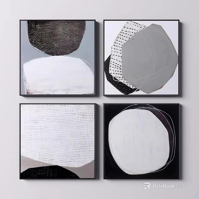 Abstract Art Paintings With Geometric Shapes Lines Black White Gray Tones And Black Frames 3d model 
