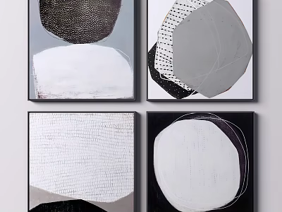 Abstract Art Paintings With Geometric Shapes Lines Black White Gray Tones And Black Frames 3d model