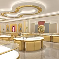 Elegant Modern Jewelry Store Interior With Gold Round Display Counters And Bright Lighting