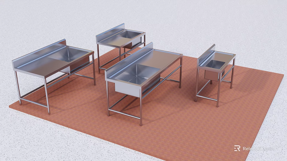 Modern Cafeteria Setup With Stainless Steel Worktables And Sinks 3d model