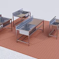 Modern Cafeteria Setup With Stainless Steel Worktables And Sinks 3d model