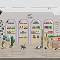 Colorful Pet Store Interior With Purple Arched Shelves Pet Food Supplies Cactus Decorations And Toys