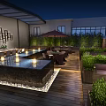 Elegant Restaurant Outdoor Terrace With Pool Lights Dining Tables Green Plants And Night Sky