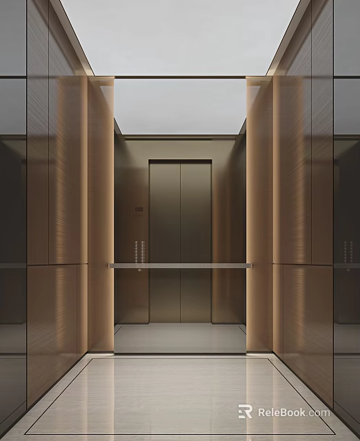 Modern Sleek Elevator Interior Design With Dark Door Metallic Panels And Ceiling Lighting 3d model