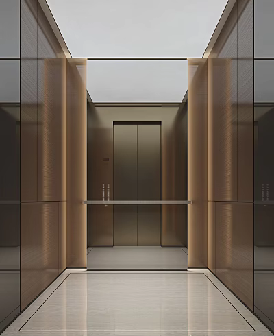 Modern Sleek Elevator Interior Design With Dark Door Metallic Panels And Ceiling Lighting 3d model
