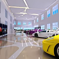 Modern Luxury Car Showroom Interior With Purple Yellow And Orange Sports Cars